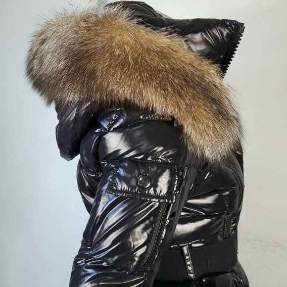 Women's winter warm Black Puffer Jacket with Fur Trim - Picture 10 of 17